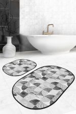 - RealHomes - Realhomes  Gri Geometrik Mermer Motifli 2'li Oval Kaymaz Tabanlı Banyo Halı Takımı & Mutfak Paspas Seti Realhomes