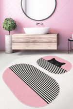 - RealHomes - Realhomes  Pembe Zemin Çizgili Kedi Özel Tasarım 2'li Oval Banyo Paspas Takımı & Mutfak Paspas Seti Realhomes