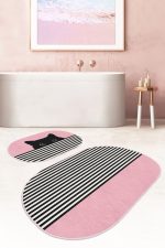 - RealHomes - Realhomes  Pembe Zemin Çizgili Kedi Özel Tasarım 2'li Oval Banyo Paspas Takımı & Mutfak Paspas Seti Realhomes