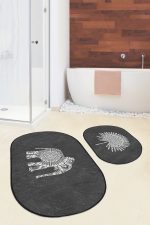 - RealHomes - Realhomes  Siyah Zemin Etnik Fil Motifli 2'li Oval Banyo & Mutfak Paspas Takımı Klozet Paspas Seti Realhomes