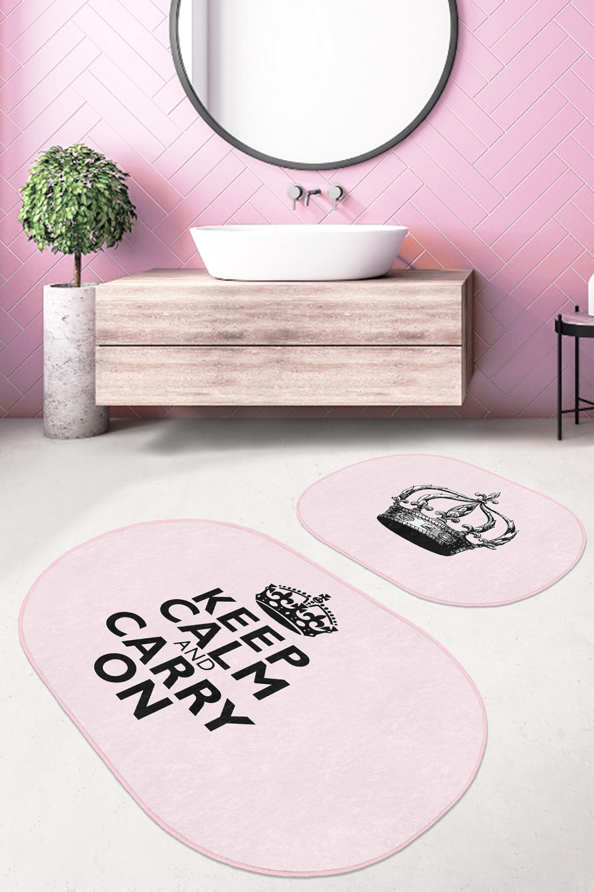 Pembe Zemin Keep Calm Tasarımlı 2'li Oval Kaymaz Tabanlı Banyo Halı Seti & Mutfak Paspas Takımı Realhomes