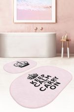 - RealHomes - Realhomes  Pembe Zemin Keep Calm Tasarımlı 2'li Oval Kaymaz Tabanlı Banyo Halı Seti & Mutfak Paspas Takımı Realhomes