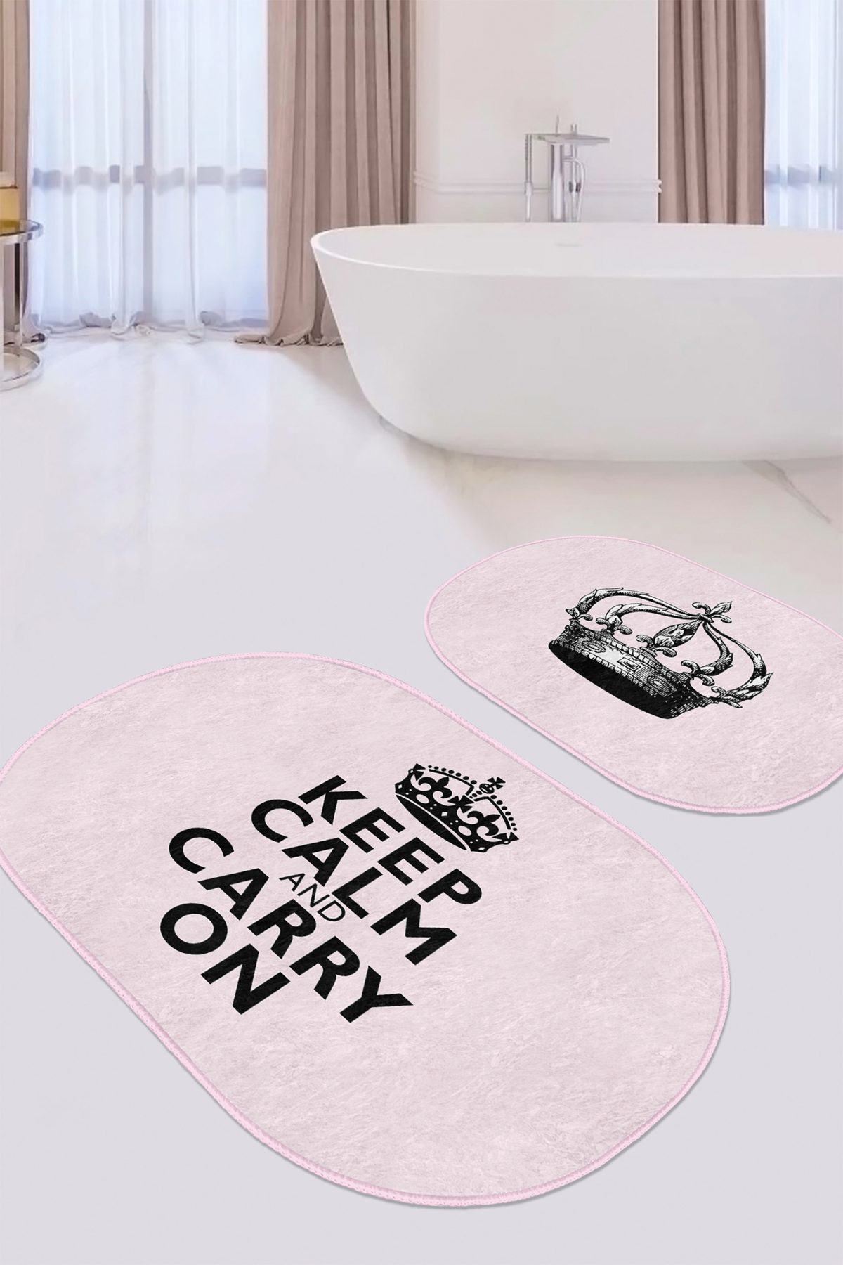 Pembe Zemin Keep Calm Tasarımlı 2'li Oval Kaymaz Tabanlı Banyo Halı Seti & Mutfak Paspas Takımı Realhomes