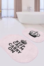 - RealHomes - Realhomes  Pembe Zemin Keep Calm Tasarımlı 2'li Oval Kaymaz Tabanlı Banyo Halı Seti & Mutfak Paspas Takımı Realhomes