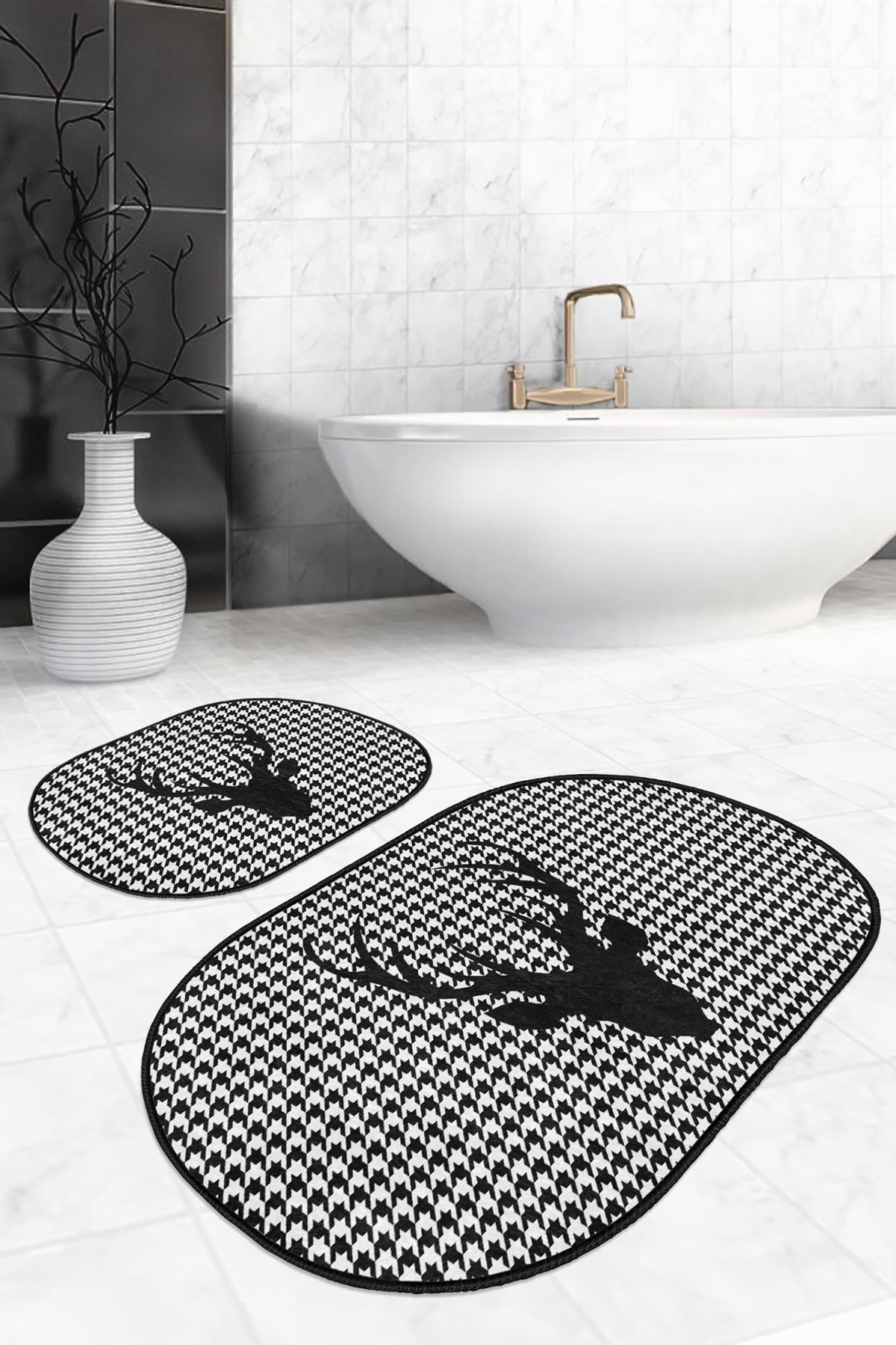 Balıksırtı Zemin Geyik Tasarımlı 2'li Oval Kaymaz Tabanlı Banyo Halı Takımı & Mutfak Paspas Seti Realhomes