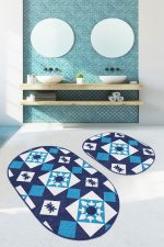- RealHomes - Realhomes  Mavi Geometrik Desen Motifli 2'li Oval Banyo Paspas Taklımı & Mutfak Paspas Seti Realhomes