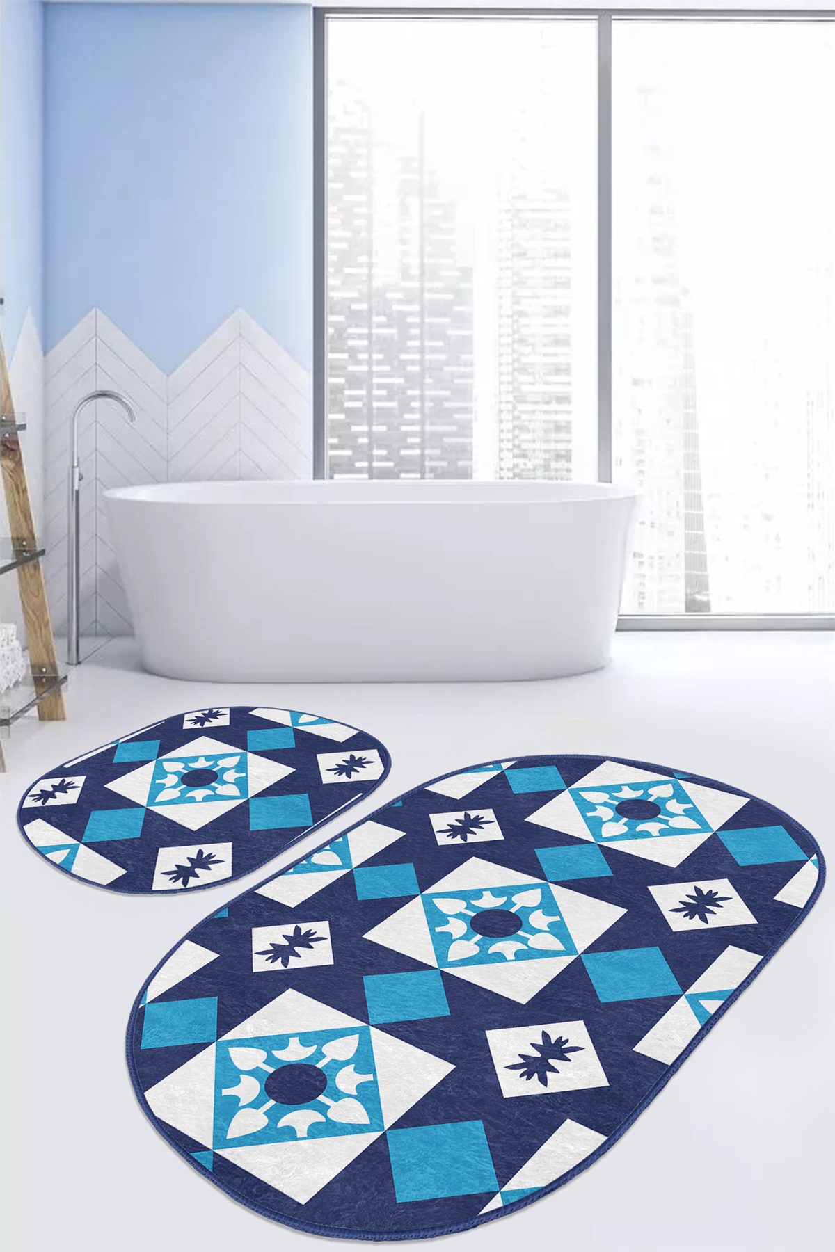 Mavi Geometrik Desen Motifli 2'li Oval Banyo Paspas Taklımı & Mutfak Paspas Seti Realhomes