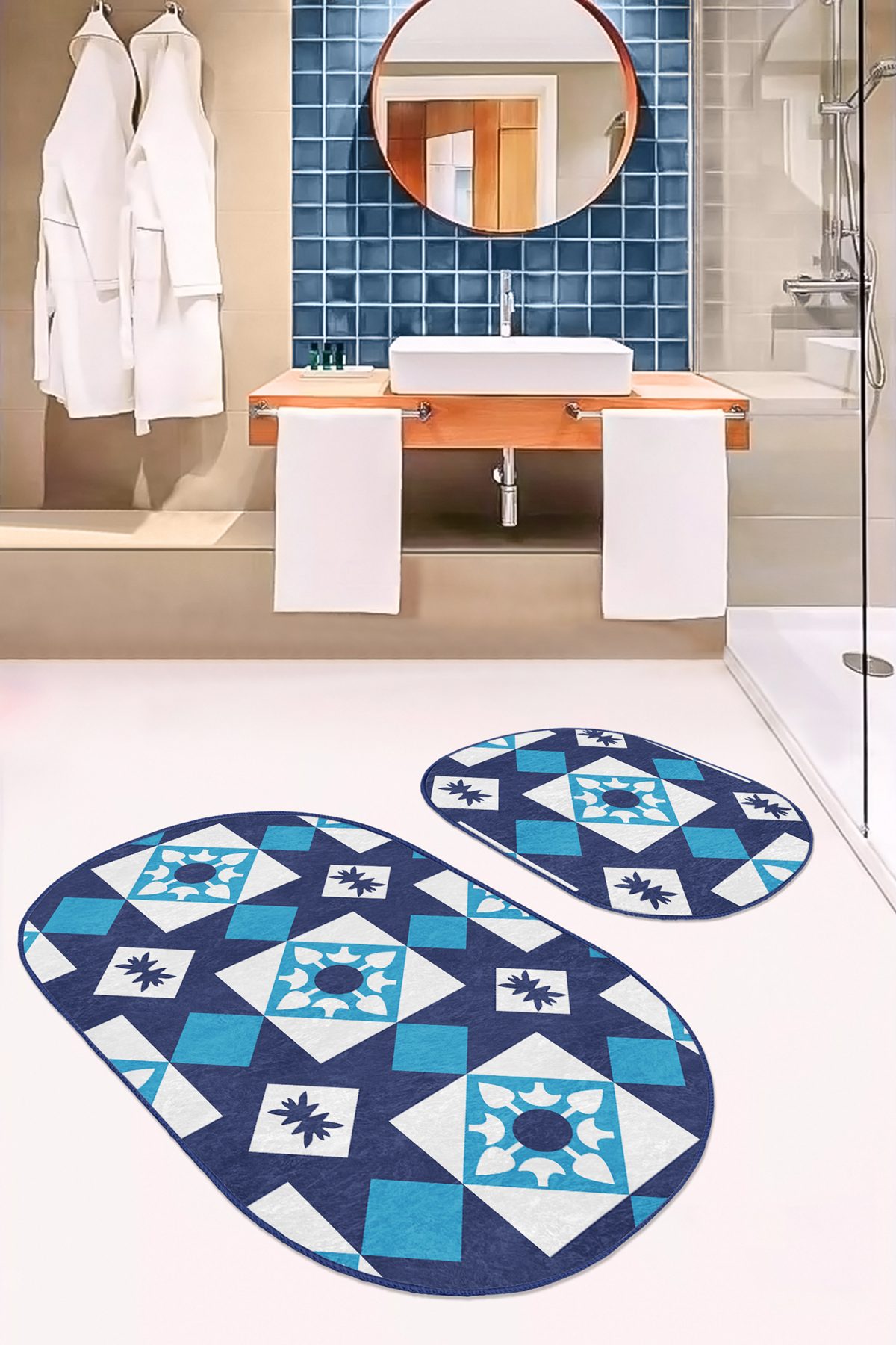 Mavi Geometrik Desen Motifli 2'li Oval Banyo Paspas Taklımı & Mutfak Paspas Seti Realhomes