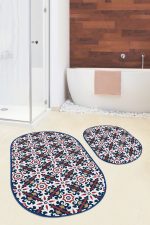 - RealHomes - Realhomes  Geometrik Lacivert Çizimli 2'li Oval Kaymaz Tabanlı Mutfak Paspas Seti & Banyo Halı Takımı Realhomes