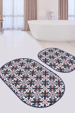 - RealHomes - Realhomes  Geometrik Lacivert Çizimli 2'li Oval Kaymaz Tabanlı Mutfak Paspas Seti & Banyo Halı Takımı Realhomes