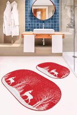 - RealHomes - Realhomes Yılbaşı Temalı Geyik Tasarımlı Dijital Baskılı 2'li Oval Mutfak Paspas Takımı & Banyo Paspas Seti Realhomes