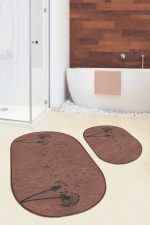 - RealHomes - Realhomes  Kahverengi Zemin Karahindiba Motifli 2'li Oval Banyo Paspas Seti & Klozet Paspas Takımı9 Realhomes