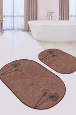 - RealHomes - Realhomes  Kahverengi Zemin Karahindiba Motifli 2'li Oval Banyo Paspas Seti & Klozet Paspas Takımı9 Realhomes