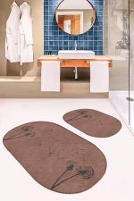 - RealHomes - Realhomes  Kahverengi Zemin Karahindiba Motifli 2'li Oval Banyo Paspas Seti & Klozet Paspas Takımı9 Realhomes