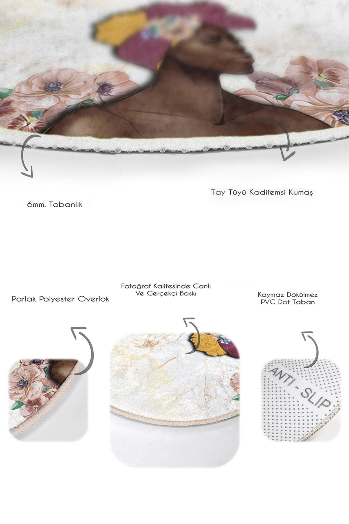 Mermer Zeminli Zenci Kadın Motifli 2'li Oval Kaymaz Tabanlı Mutfak Halı Takımı & Banyo Paspas Seti Realhomes