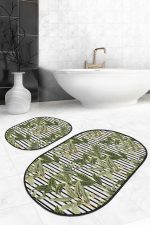 - RealHomes - Realhomes  Siyah Beyaz Çizgili Tropik Yaprak Motifli 2'li Oval Mutfak Paspas Takımı & Banyo Paspas Seti Realhomes