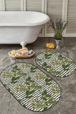 - RealHomes - Realhomes  Siyah Beyaz Çizgili Tropik Yaprak Motifli 2'li Oval Mutfak Paspas Takımı & Banyo Paspas Seti Realhomes