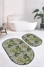 - RealHomes - Realhomes  Siyah Beyaz Çizgili Tropik Yaprak Motifli 2'li Oval Mutfak Paspas Takımı & Banyo Paspas Seti Realhomes