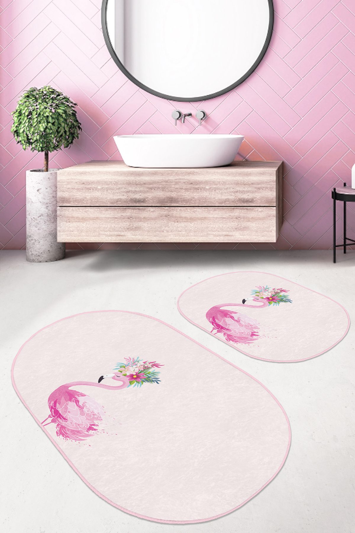 Pembe Zemin Flamingo Özel Tasarım 2'li Oval Banyo Paspas Takımı & Mutfak Paspas Seti Realhomes