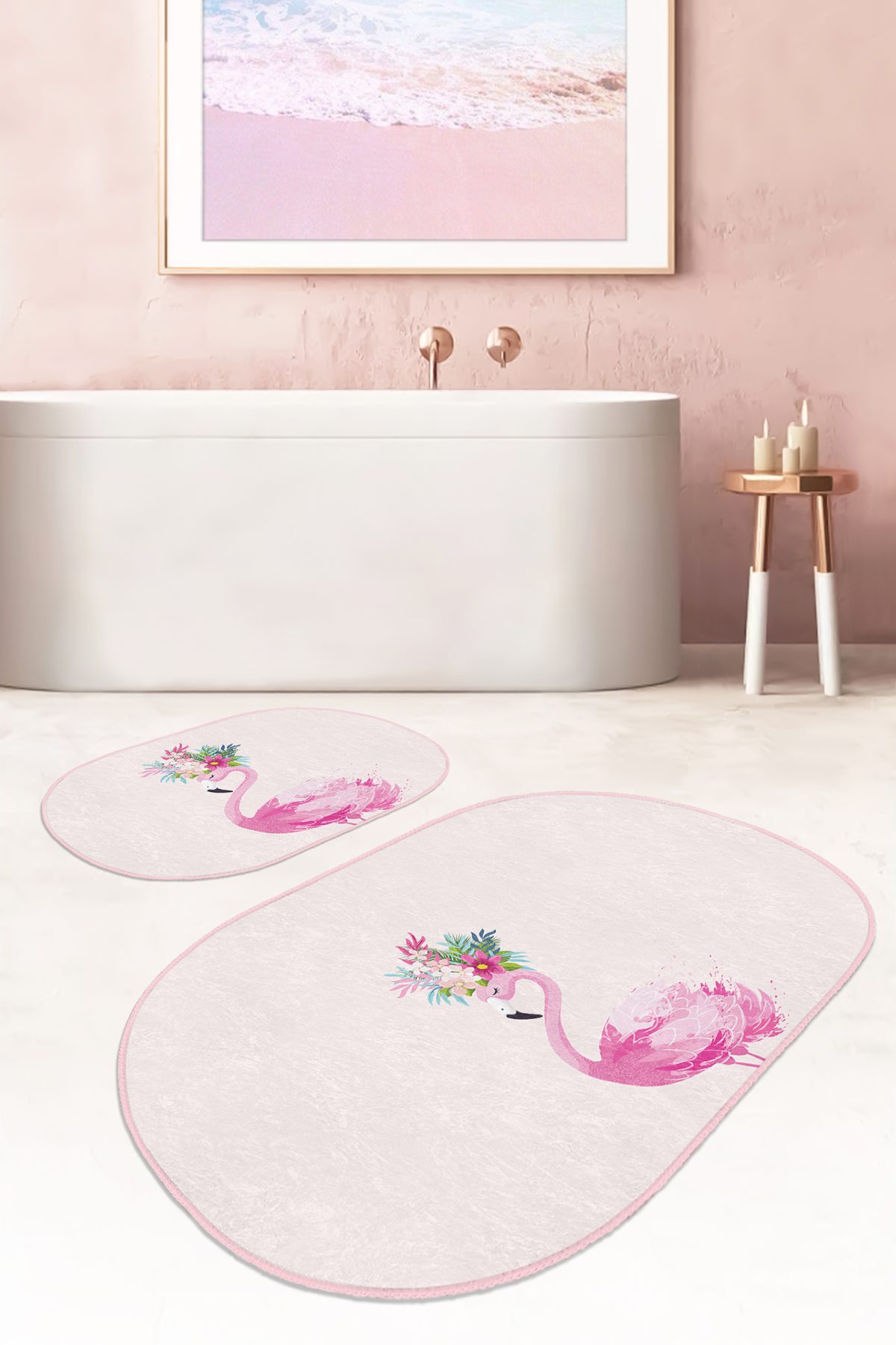 Pembe Zemin Flamingo Özel Tasarım 2'li Oval Banyo Paspas Takımı & Mutfak Paspas Seti Realhomes