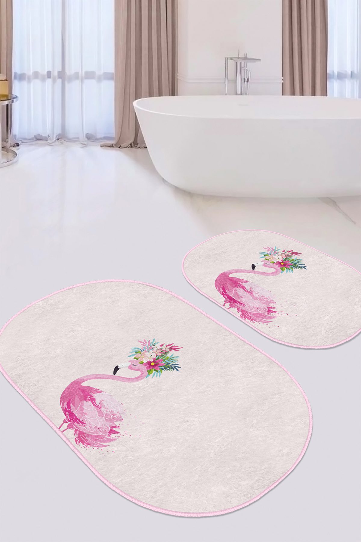 Pembe Zemin Flamingo Özel Tasarım 2'li Oval Banyo Paspas Takımı & Mutfak Paspas Seti Realhomes