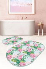 Mavi Zemin Tropik Yaprak Flamingo Motifli 2'li Oval Mutfak Paspas Seti & Banyo Paspas Takımı Realhomes