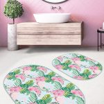 Renkli Uzun Tropik Yapraklar Özel Tasarım 2'li Oval Kaymaz Tabanlı Banyo & Mutfak Paspas Takımı Realhomes