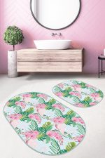 Mavi Zemin Tropik Yaprak Flamingo Motifli 2'li Oval Mutfak Paspas Seti & Banyo Paspas Takımı Realhomes