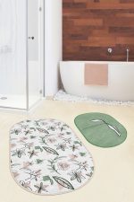 - RealHomes - Realhomes  Tropik Çiçek Tasarımlı 2'li Oval Kaymaz Tabanlı Mutfak Paspas Takımı & Banyo Halı Seti Realhomes