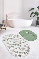 - RealHomes - Realhomes  Tropik Çiçek Tasarımlı 2'li Oval Kaymaz Tabanlı Mutfak Paspas Takımı & Banyo Halı Seti Realhomes
