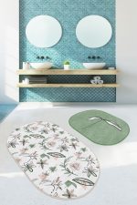 - RealHomes - Realhomes  Tropik Çiçek Tasarımlı 2'li Oval Kaymaz Tabanlı Mutfak Paspas Takımı & Banyo Halı Seti Realhomes