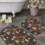 Kahve Zemin Beyaz Çiçek Özel Tasarımlı 2'li Oval Kaymaz Tabanlı Banyo & Mutfak Paspas Takımı Realhomes