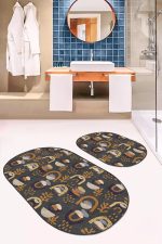 - RealHomes - Realhomes  Bohem Etnik Tasarımlı 2'li Oval Kaymaz Tabanlı Banyo Paspas Seti & Klozet Paspas Takımı Realhomes