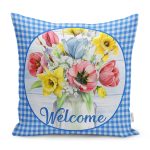 - RealHomes Dijital Baskılı Modern Yastık Kırlent Kılıfı - Realhomes Mavi Ekose Motifli Renkli Güller Özel Tasarım Yastık Kırlent Kılıfı Realhomes