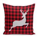 - RealHomes Dijital Baskılı Modern Yastık Kırlent Kılıfı - Realhomes Siyah Kırmızı Ekose Zeminli Beyaz Geyik Yılbaşı Temalı Kırlent Kılıfı Realhomes