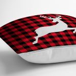 - RealHomes Dijital Baskılı Modern Yastık Kırlent Kılıfı - Realhomes Siyah Kırmızı Ekose Zeminli Beyaz Geyik Yılbaşı Temalı Kırlent Kılıfı Realhomes