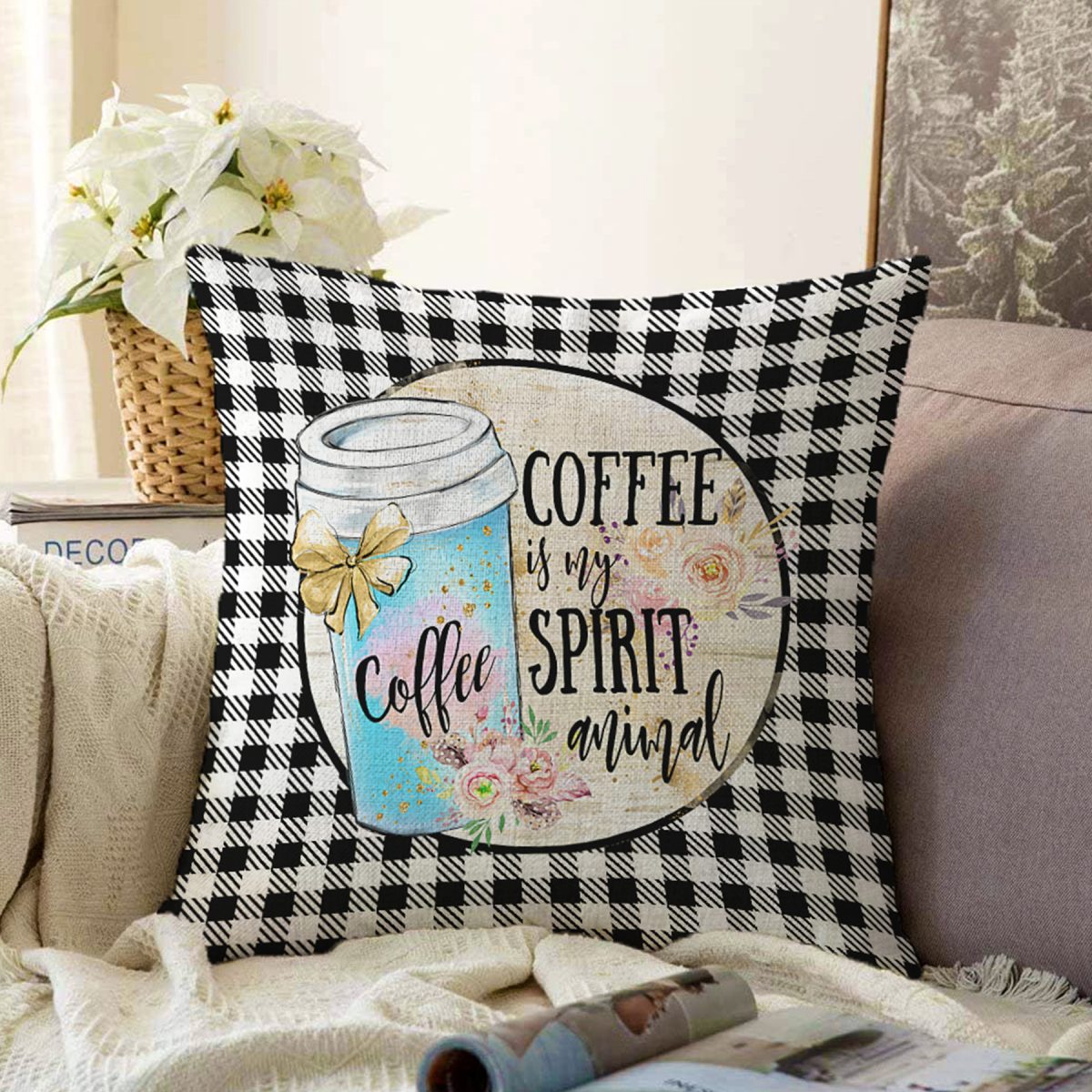 Siyah Beyaz Ekose Motifli Coffee Temalı Modern Raşel Kadife Yastık Kırlent Kılıfı Realhomes