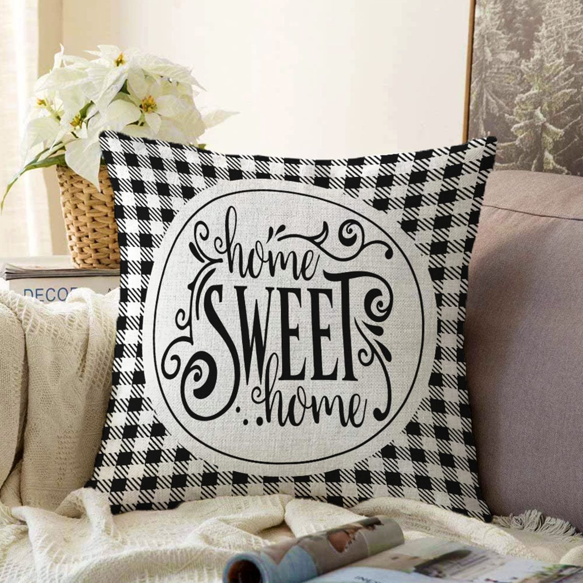 Siyah Beyaz Ekoseli Home Sweet Home Modern Raşel Kadife Yastık Kırlent Kılıfı Realhomes
