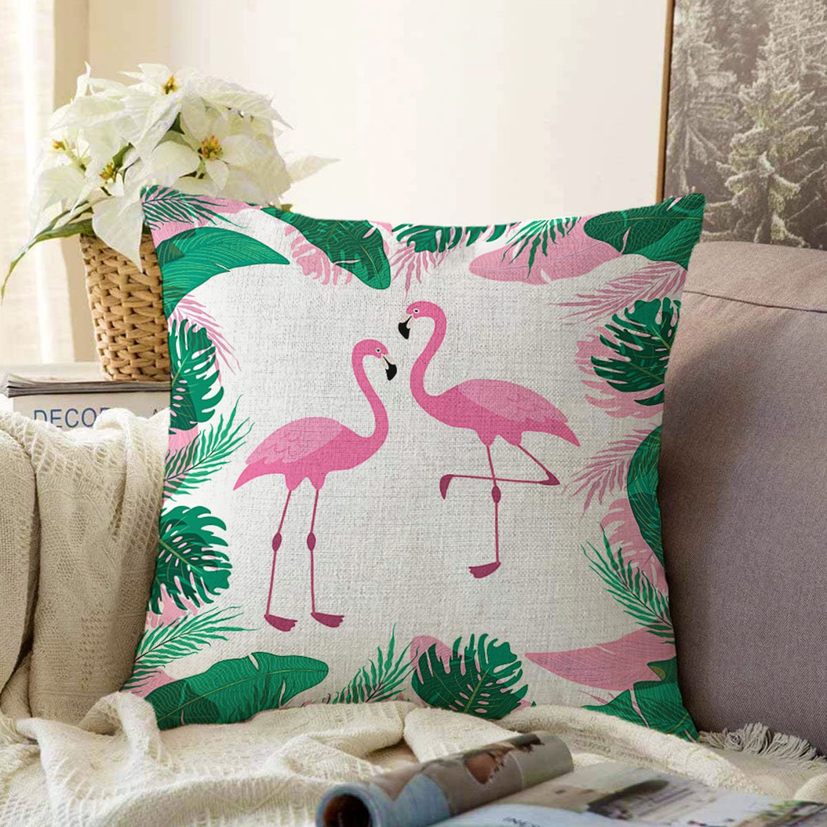 Tropik Yaprak Flamingo Özel Tasarımlı Dijital Baskılı Raşel Kadife Yastık Kırlent Kılıfı Realhomes