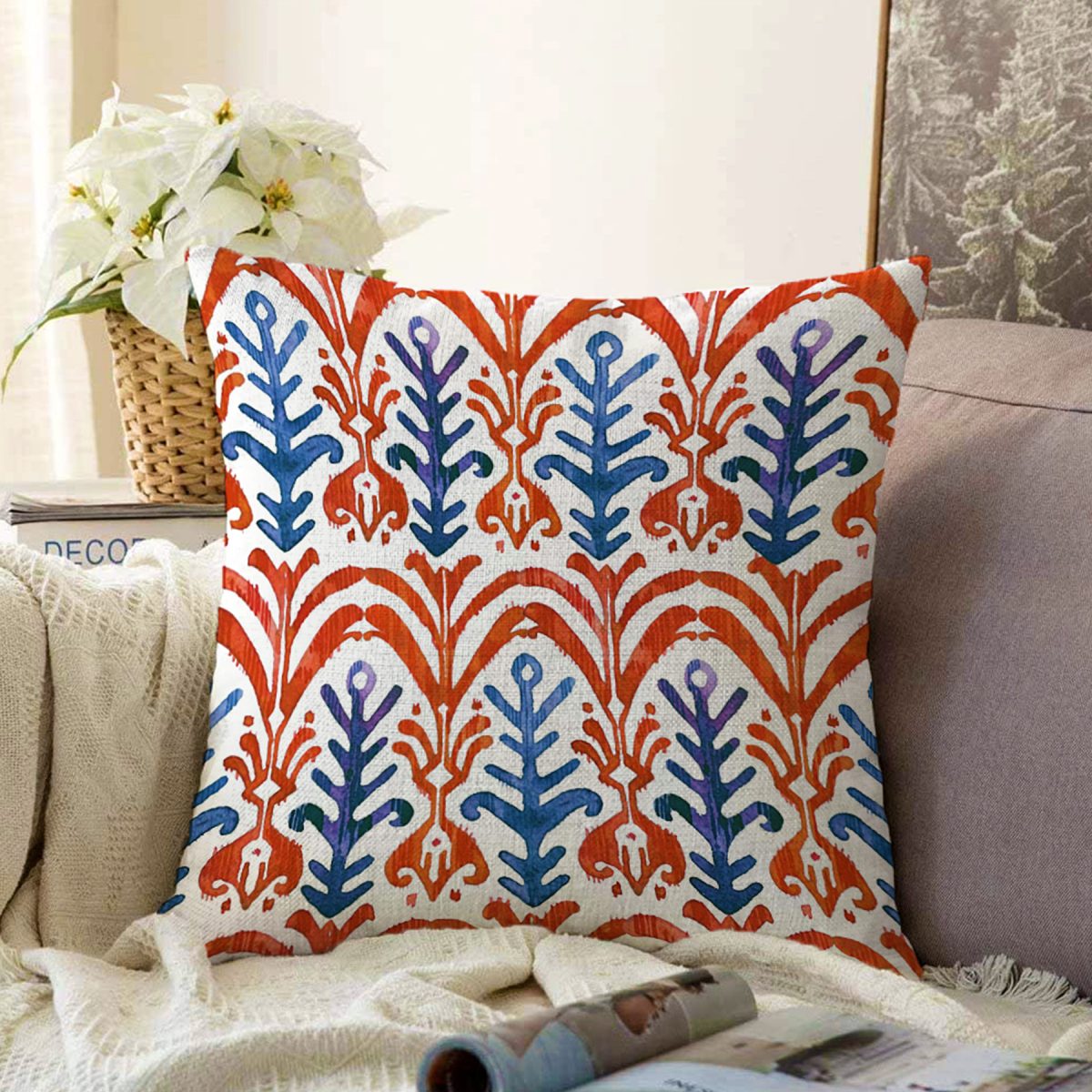 Mavi Kırmızı Damask Motifli Dekoratif Raşel Kadife Yastık Kırlent Kılıfı Realhomes
