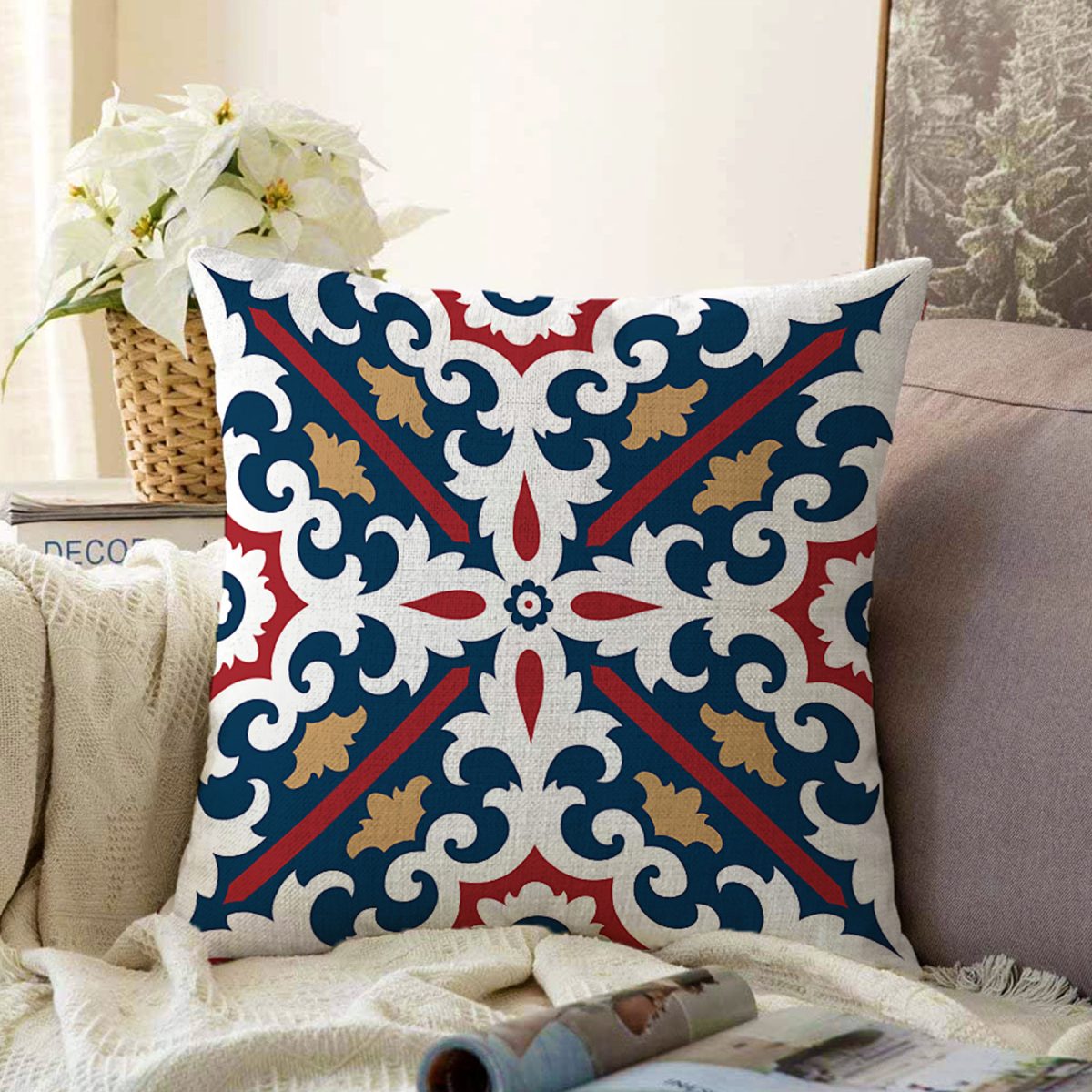 Lacivert Bordo Damask Motifli Modern Raşel Kadife Yastık Kırlent Kılıfı Realhomes