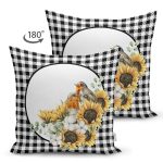 - RealHomes Çift Tarafı Dijital Baskılı Süet Yastık Kırlent Kılıfı - Realhomes Siyah Beyaz Ekose Ayçiçeği Özel Tasarımlı Modern Süet Yastık Kırlent Kılıfı Realhomes