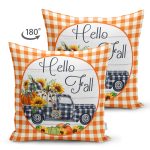 Turuncu Ekose Kabak Temalı Dijital Baskılı Modern Süet Yastık Kırlent Kılıfı Realhomes