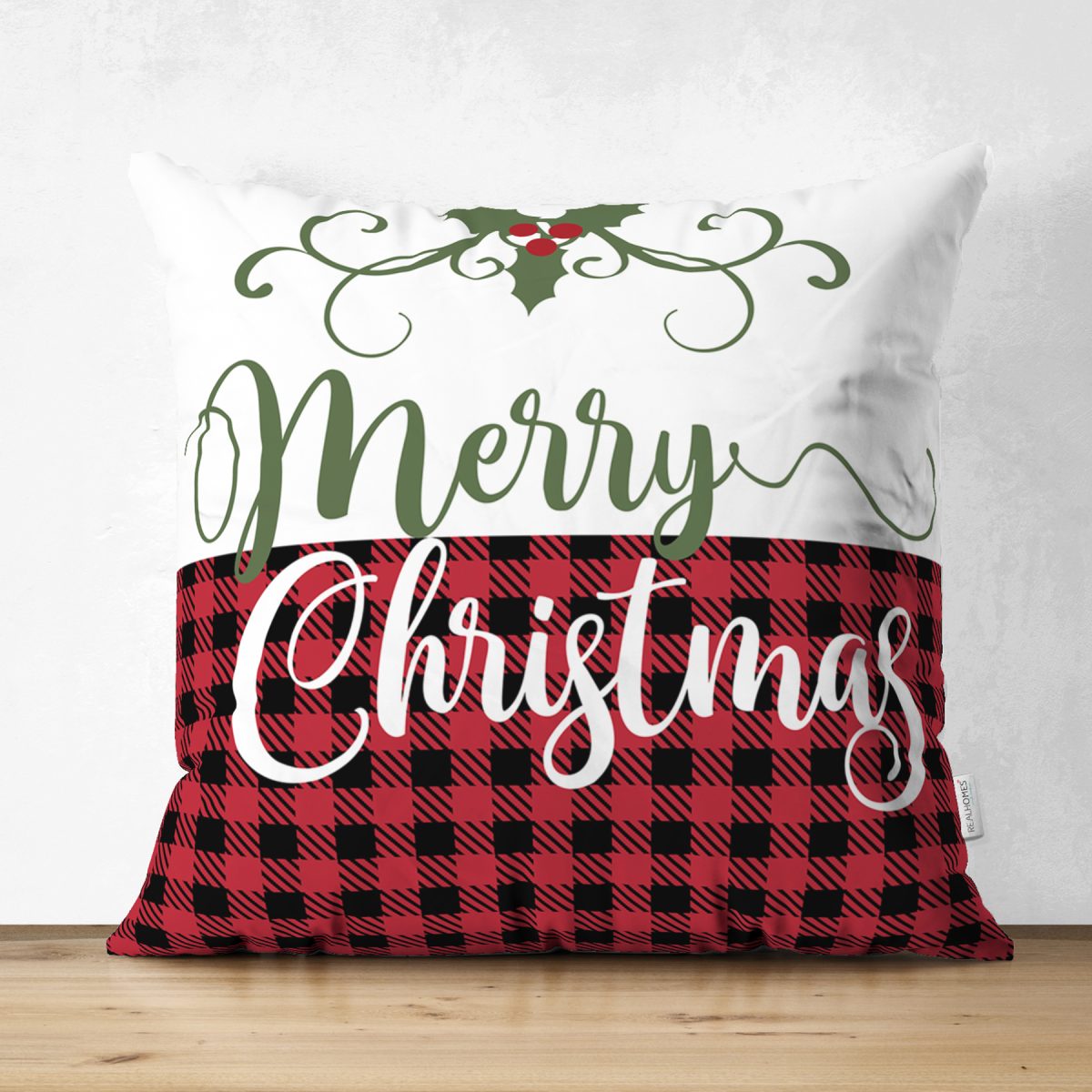 Mery Christmas Temalı Ekose Tasarımlı Modern Süet Yastık Kırlent Kılıfı Realhomes