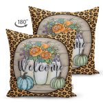 Leopar Tasarımlı Kabak Temalı Welcome Dekoratif Süet Yastık Kırlent Kılıfı Realhomes