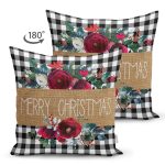 - RealHomes Çift Tarafı Dijital Baskılı Süet Yastık Kırlent Kılıfı - Realhomes Mery Christmas Temalı Siyah Beyaz Ekose Gül Detaylı Modern Süet Yastık Kırlent Kılıfı Realhomes