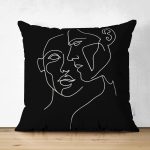 Siyah Beyaz Onedraw Çizimli Yüz Tasarımlı Modern Süet Yastık Kırlent Kılıfı Realhomes