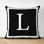 Siyah Zemin Beyaz Çerçeveli L Harfi Dijital Baskılı Süet Yastık Kırlent Kılıfı Realhomes