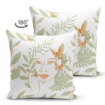 - RealHomes Çift Tarafı Dijital Baskılı Süet Yastık Kırlent Kılıfı - Realhomes Tropik Yaprak Motifli Kadın Suretli Dijital Baskılı Süet Yastık Kırlent Kılıfı Realhomes