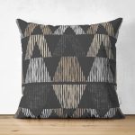 Siyah Zemin Geometrik Üçgen Tasarımlı Süet Yastık Kırlent Kılıfı Realhomes